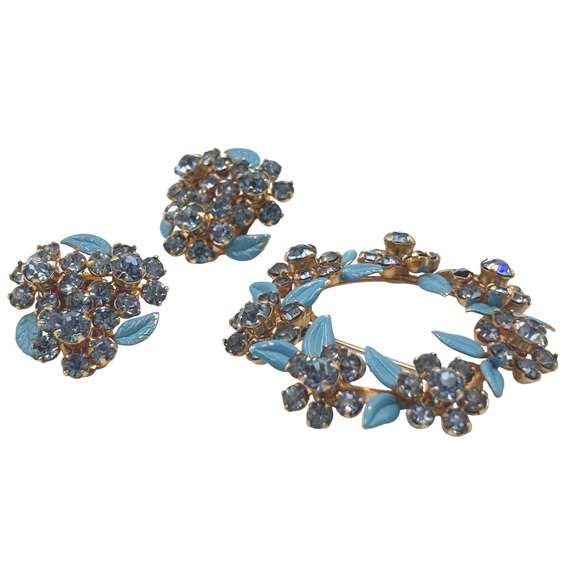 Vintage 1940's WEISS NY Blue Rhinestone Floral Brooch & Clip On Earrings Set - Picture 3 of 12